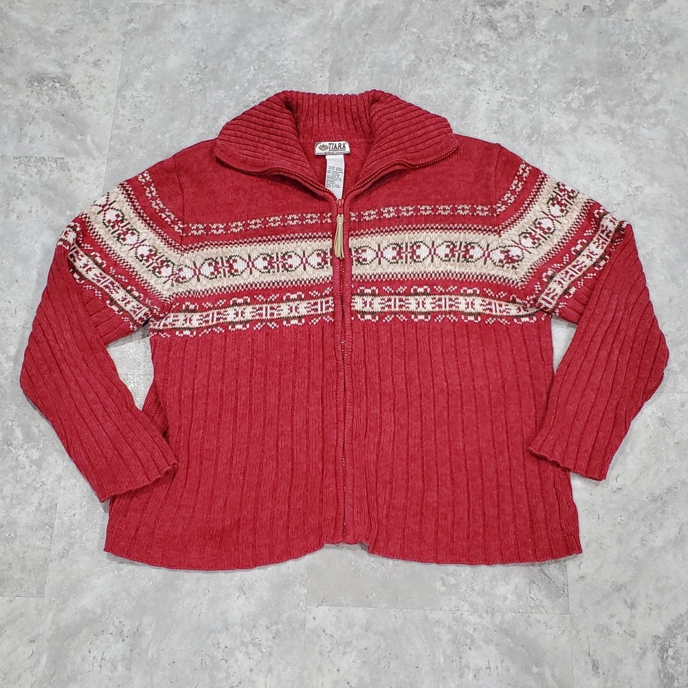 Tiara International Zip Up Cardigan Sweater Multicolor Fair Isle Size XL